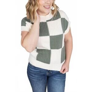 NEW MICHELLE MAE checkered short sleeve sweater in sage
